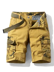 Men's khaki cargo shorts with camouflage pockets and belt, washed cotton loose fit.