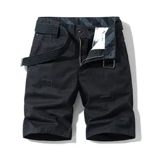 Men's summer black pure cotton cargo shorts with belt and stylish embroidery accents