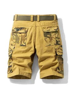 Men's relaxed fit khaki cargo shorts featuring camouflage pockets and a matching belt
