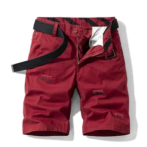Men's red summer cargo shorts made of pure cotton with embroidery and black belt