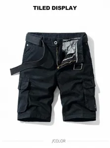 Vue détaillée du short cargo noir pour homme avec poches multiples et ceinture assortie