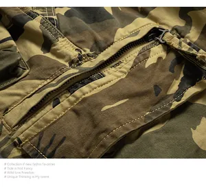 Detailansicht robuster Herren-Camouflage-Cargo-Shorts mit hochwertiger Reißverschlusstasche.