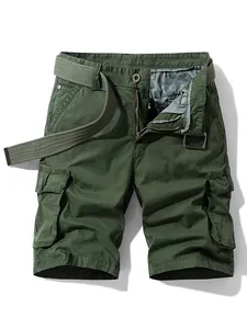 Professional men's vintage olive green cargo shorts featuring multi-pockets and a canvas belt