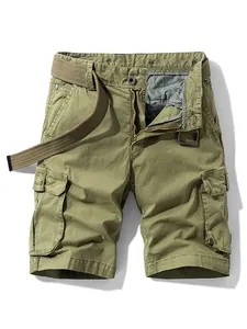 Men's olive green retro cargo shorts featuring multi-pockets and canvas belt detail