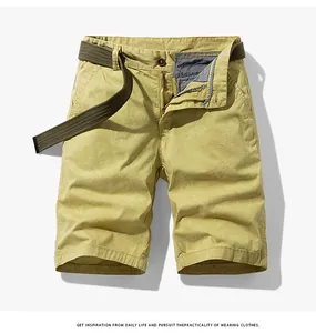 Detailed view of men's mustard yellow cargo shorts featuring a subtle floral pattern