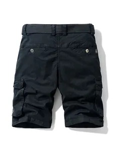Classic black men's cargo shorts with multi-pockets and matching belt, back view.