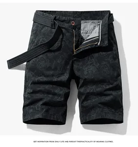 Close-up of men's black cargo shorts with elegant rose floral pattern and belt