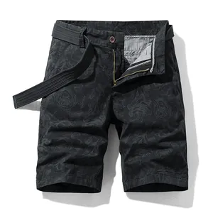 Men's stylish black cargo shorts with subtle floral pattern and matching belt