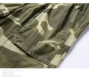 High-resolution close-up of men's camouflage cargo shorts featuring durable pocket stitching.