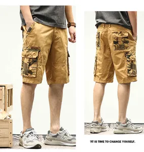 Detailansicht der japanischen Retro-Cargoshorts für Herren mit Camo-Akzenten und weitem Schnitt.