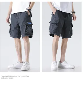 Men's loose multi-pocket cargo shorts shown in front and side views on model