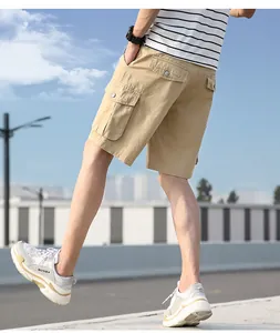Detailed back view of men's casual khaki cargo shorts with multi-pocket design in cotton