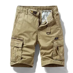Men's classic khaki multi-pocket vintage cargo shorts with elastic waist and D-ring