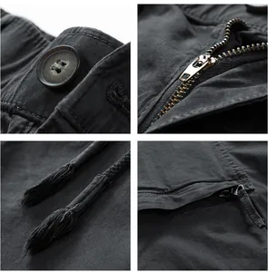 Detailed shots of men's cargo shorts showing zipper, button, and drawstring texture