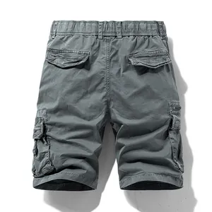 Back view of men's grey retro multi-pocket cargo shorts with elastic waist for summer