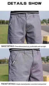 Nahaufnahme von Bund und Taschen an grauen Freizeit-Shorts für Herren.