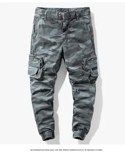 Detailed view of men's camouflage cargo jogger pants with tactical side pockets