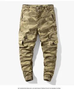 Detailed front view of men's camouflage cargo jogger pants with utility pockets and elastic cuffs