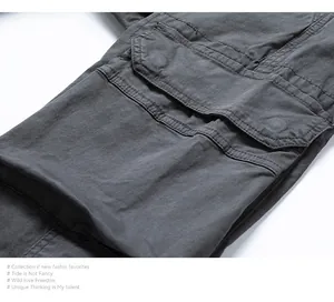 Close-up detail of grey cargo pants side pocket showing cotton fabric texture