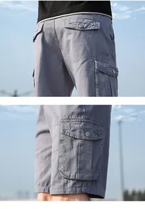 Detailed view of the side cargo pocket on men's grey casual cotton outdoor shorts