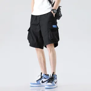 Men's loose summer cargo shorts in black with multi-pockets for casual outdoor wear