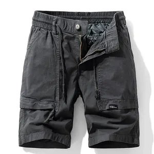 Men's dark gray cargo shorts with elastic drawstring waist and large tactical side pockets