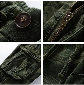 Close-up details of men's vintage camouflage cargo pants showing zipper and pockets