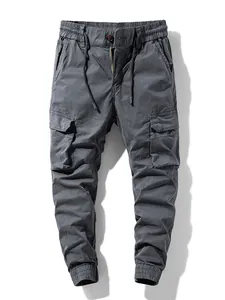 Men's Japanese Vintage Cargo Jogger Pants Cotton Solid Loose Fit Multi-Pocket Casual Drawstring Sweatpants For Daily Outdoor