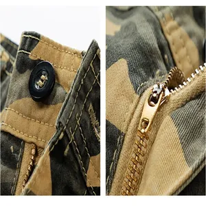 Macro detail of the high-quality metal zipper and button on men's camouflage cargo shorts