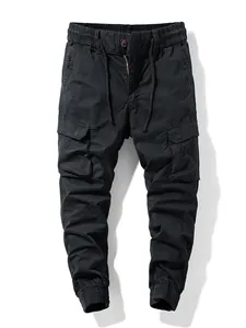 Classic men's black cargo joggers featuring retro drawstring waist and multi-pocket design