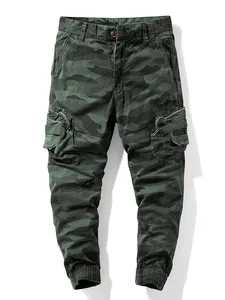 Men's camouflage cargo jogger pants with multiple pockets on a white background