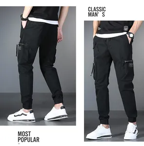 Men's black cargo joggers with multi-pockets and drawstring waist in details