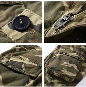 Detailed views of men's camouflage cargo pants showing zipper and pockets.