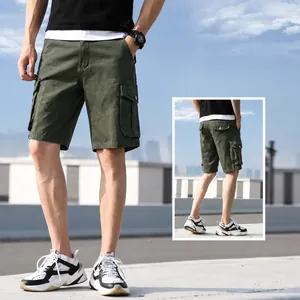 Summer men's green cotton multi-pocket cargo shorts with loose casual fit outdoors
