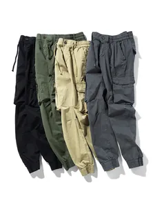Men's retro cargo jogger pants in four colors featuring elastic drawstring waist
