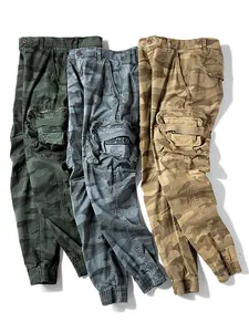 Men's camouflage cargo joggers with elastic cuffs and multi-pockets in three colors.
