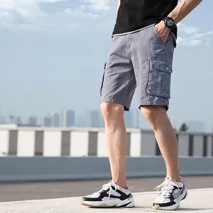 Men's loose grey multi-pocket cotton cargo shorts for outdoor summer streetwear