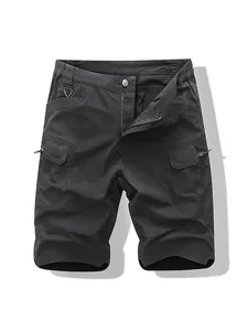 Men's loose black cargo shorts with multiple functional pockets and durable fabric