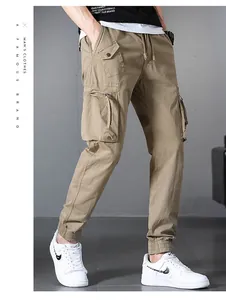Detailed view of khaki multi-pocket cargo pants with drawstring waist and elastic cuffs