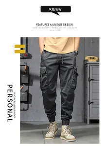 Pantalon cargo gris streetwear américain vintage pour hommes avec poches fonctionnelles