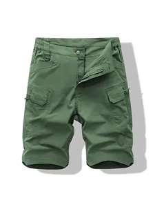 Men's loose fit cargo shorts in army green featuring multiple functional utility pockets
