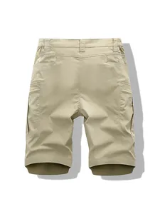 Khaki men's relaxed cargo shorts with multiple pockets, rear view, summer fashion style.