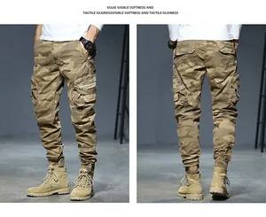 Detailed view showing front and back of men's vintage camo multi-pocket cargo jogger pants