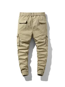 Pantalones cargo retro caqui para hombre con múltiples bolsillos y puños elásticos