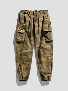 Men American Retro Camouflage Cargo Pants High Street Loose Elastic Waist Multi Pocket Joggers Workwear Bottoms