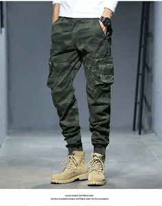 Men's vintage camouflage cargo pants featuring multi-pockets and elastic jogger cuffs
