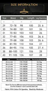 Comprehensive size and measurement chart for men's outdoor vintage stretch cargo pants