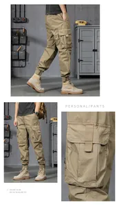Vue détaillée du pantalon cargo kaki pour homme avec poches latérales et fermetures