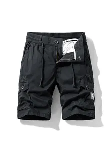 Professional studio shot of black men's casual cargo shorts with drawstring waist