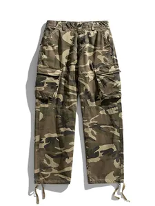 Men Camouflage Cargo Pants Loose Straight Wide Leg Trousers Cotton Camo Work Pants With Pockets Drawstring Hem Outdoor Fashion